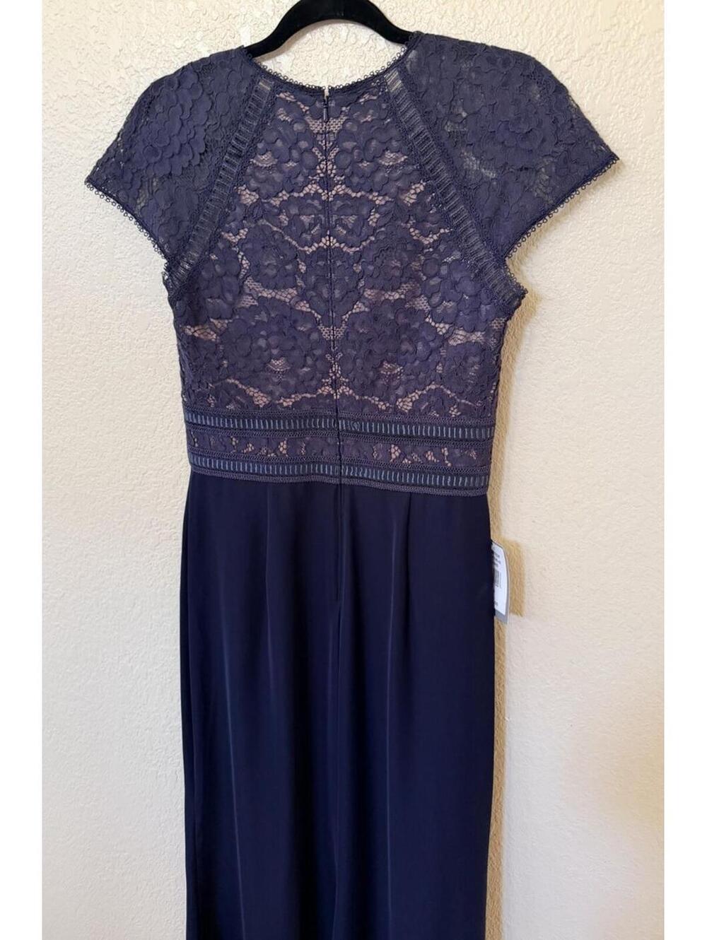 Tadashi Shoji Navy Lace-Top Floor-Length Gown with Cap Sleeves - Picture 10 of 13
